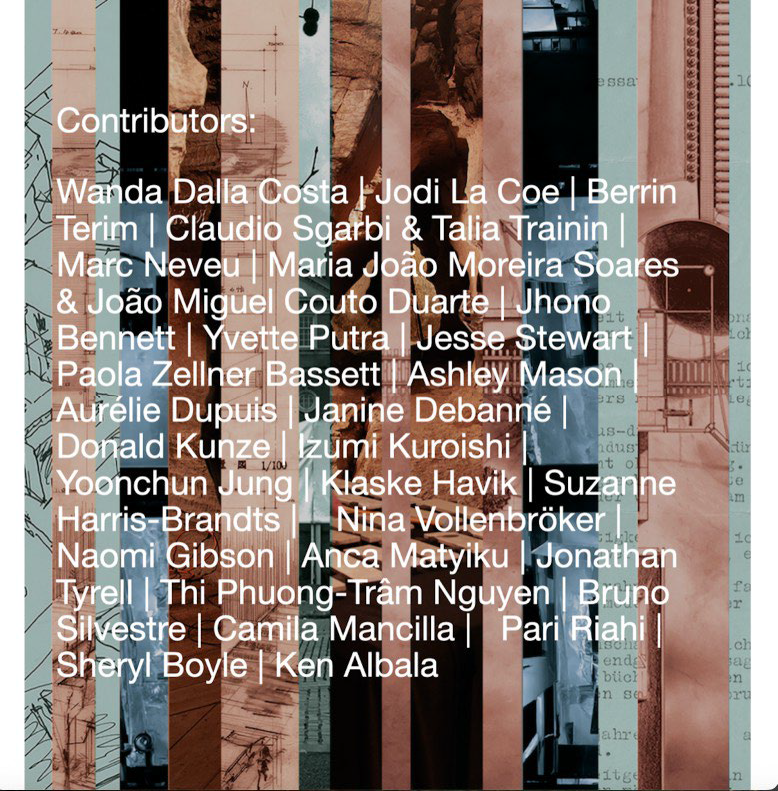 List of contributors' names overlaid on a collage of architectural drawings and textures