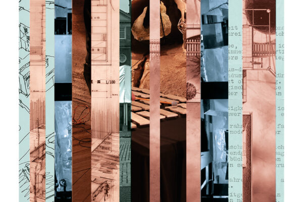 Book cover with vertical strips showing architectural drawings, models, and textures