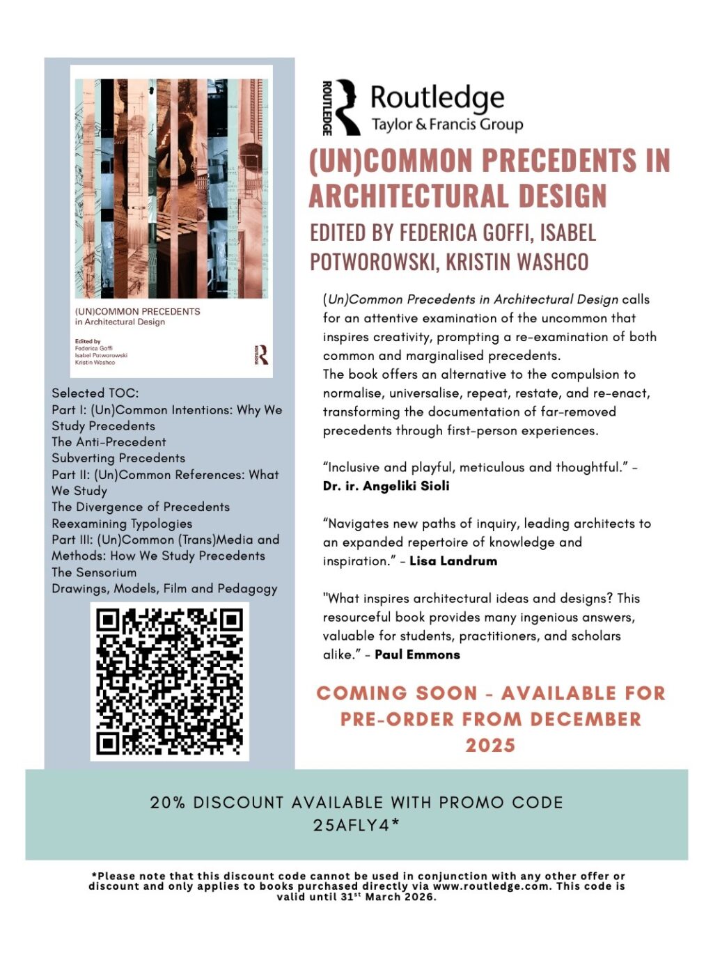Promotional flyer for the book with book cover, summary, and table of contents.