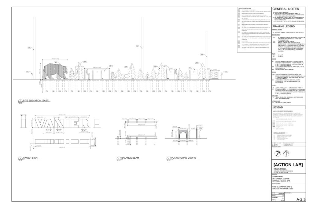 Architectural elevation drawing showing bear silhouette, trees, site elements, signage, and play structures.