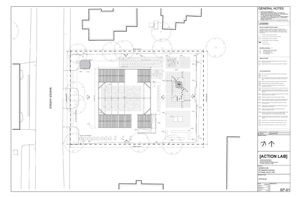 Architectural site plan showing layout of structures, play areas, pathways, and surrounding trees.