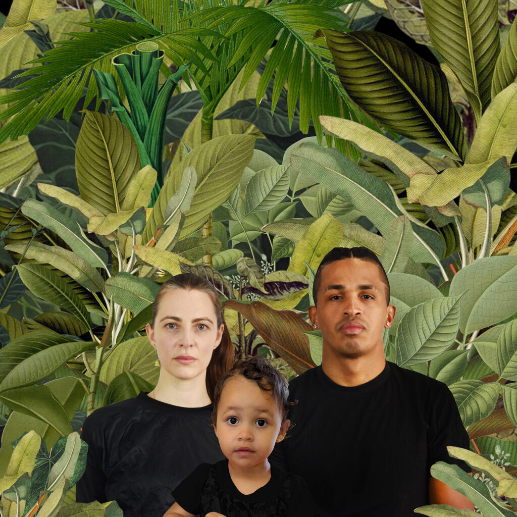Portrait of two adults and a child standing in front of a digitally illustrated leafy jungle background.