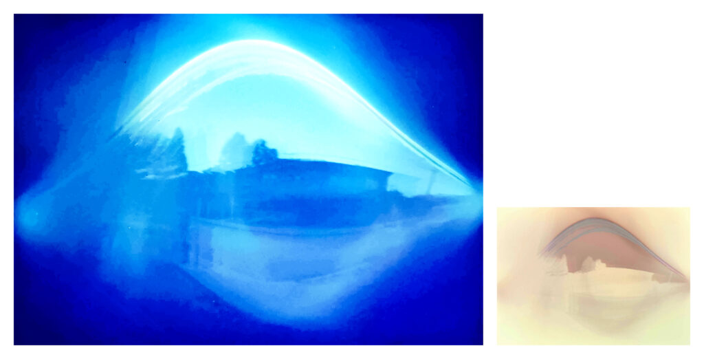 Two solargraphs showing sun paths and horizon lines in blue and amber tones, captured over long exposures.