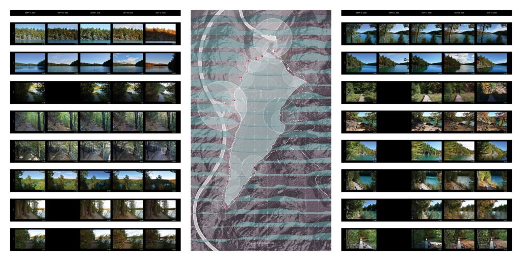 Photo grid of Pink Lake trails with time-stamped views and a central map showing mapped image locations around the site.