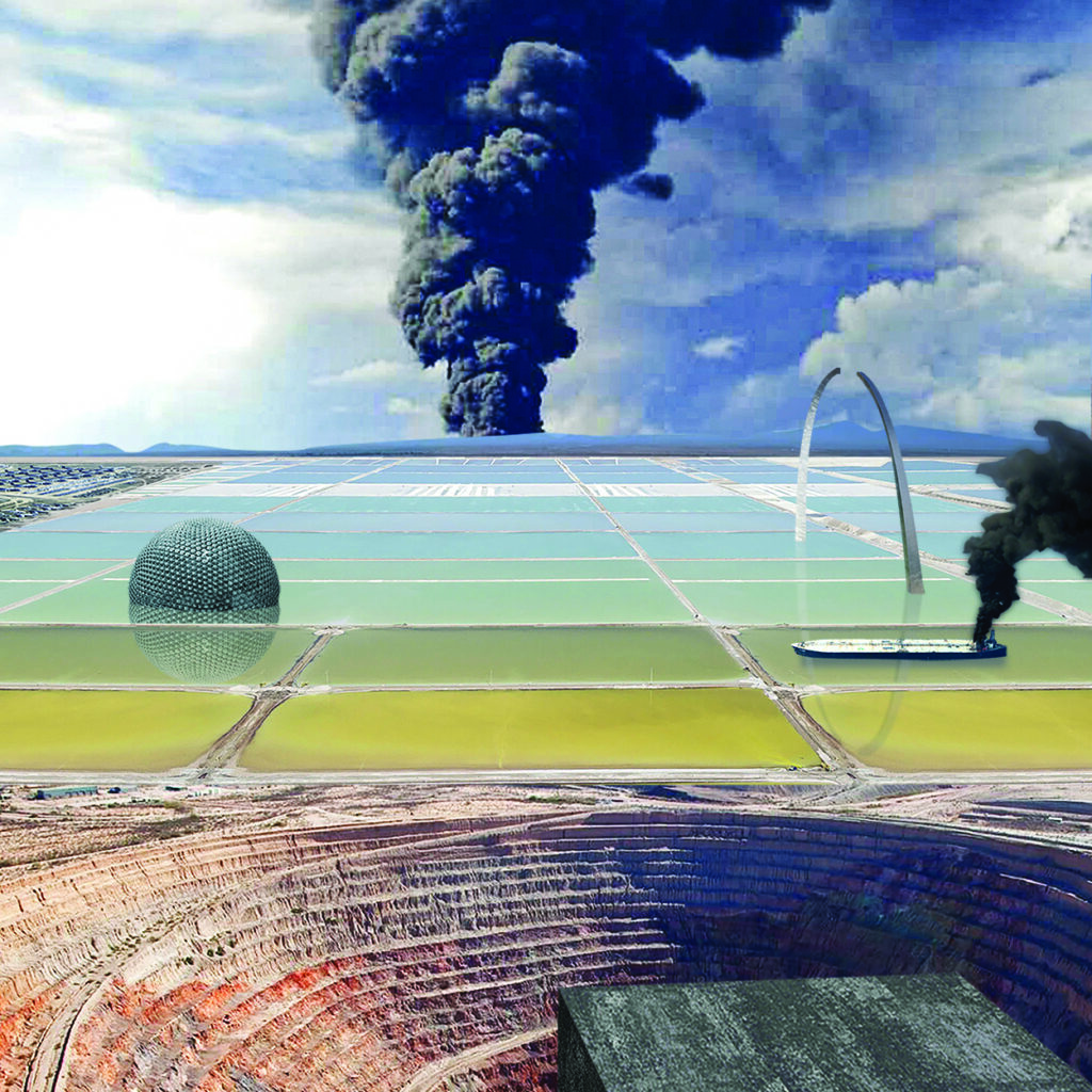 Digitally collaged landscape with terraced mining pit, colorful evaporation ponds, and black smoke rising into the sky.
