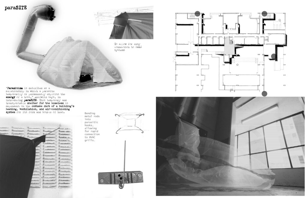 Black-and-white diagrams and photos of inflatable shelter prototypes designed to hook into building HVAC exhaust vents.