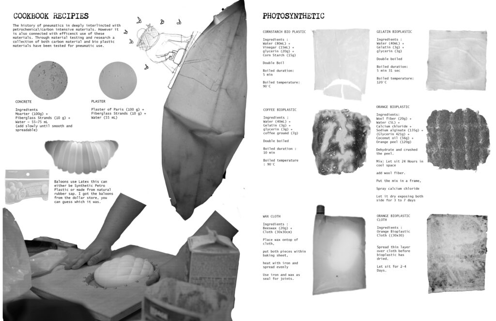 Hands shaping a model on a table, surrounded by bioplastic samples and handwritten recipes .