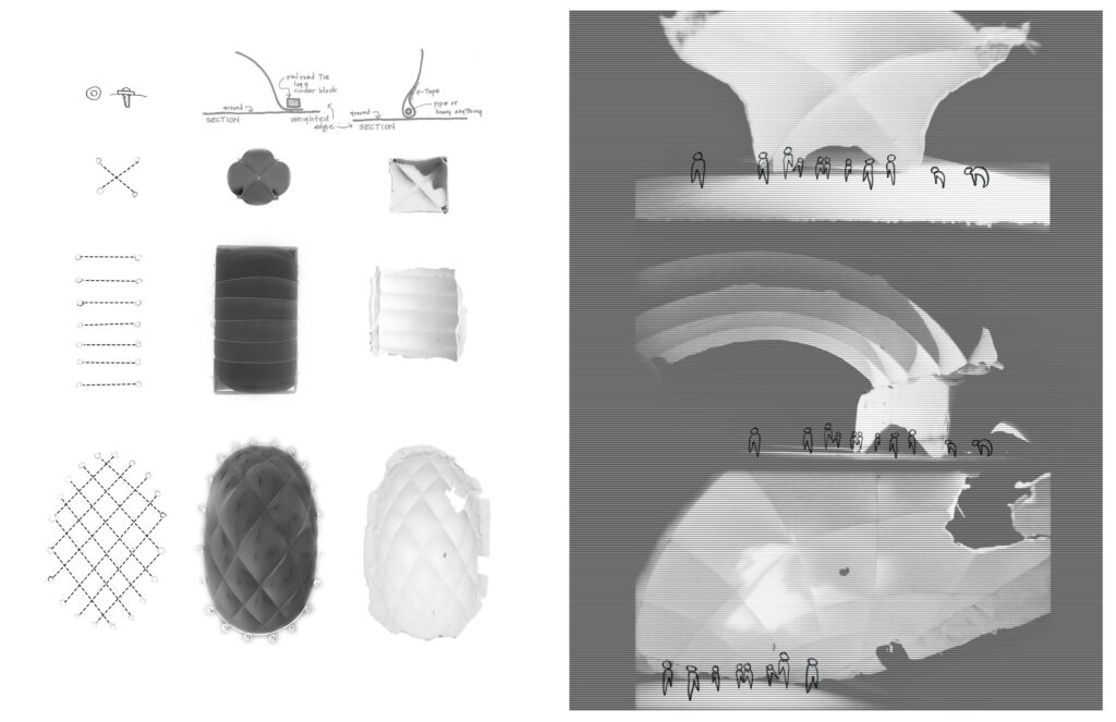 Inflatable architectural form studies with connection diagrams, model prototypes, and speculative interior render views.
