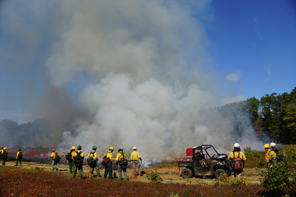 A group of firefighters observe smoke rising from a prescribed burn site, with a utility vehicle and red hose in foreground.