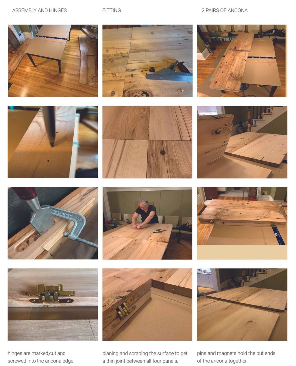 Collage of woodworking steps showing marking, planing, joining, and assembling wooden panels.