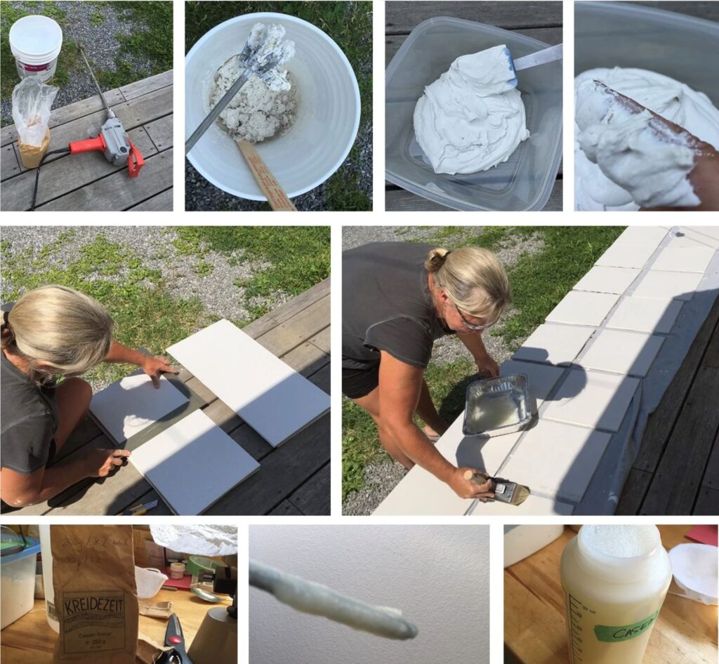 Collage of mixing white paste and brushing it onto boards outdoors