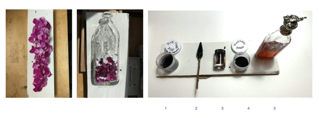 Collage of rose petals, a glass bottle, black powders, and tools arranged on white boards.