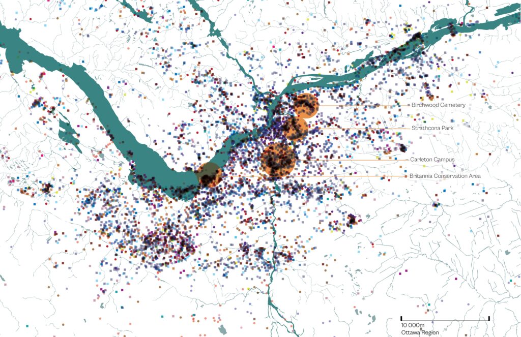 Map of Ottawa showing clustered species data points and four highlighted biodiversity hotspots.