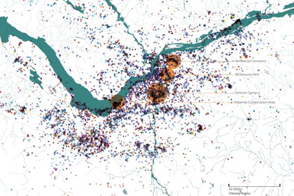 Map of Ottawa showing clustered species data points and four highlighted biodiversity hotspots.