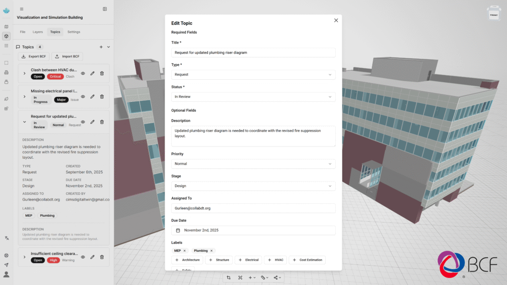 A BIM coordination interface shows a 3D model of a building with a form for editing a plumbing request.