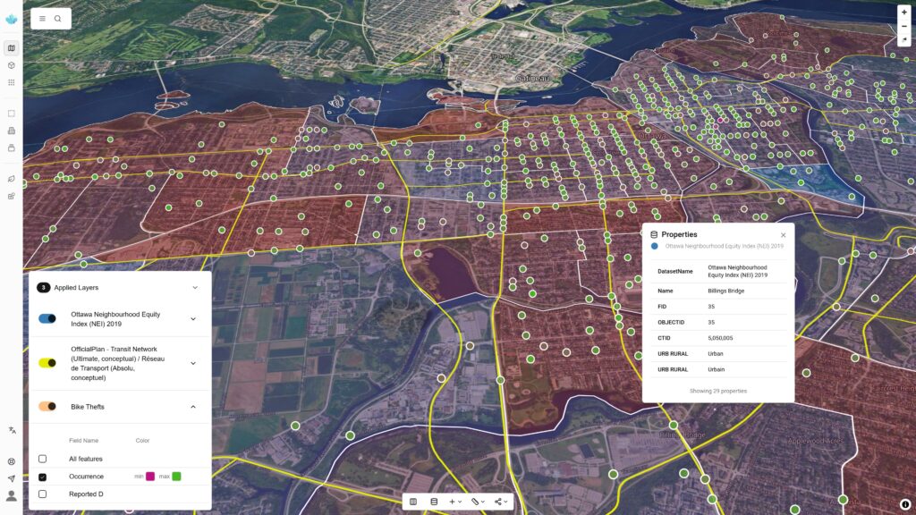 A 3D city map interface with layered data on neighborhood equity, transit routes, and crime occurrences across Ottawa.