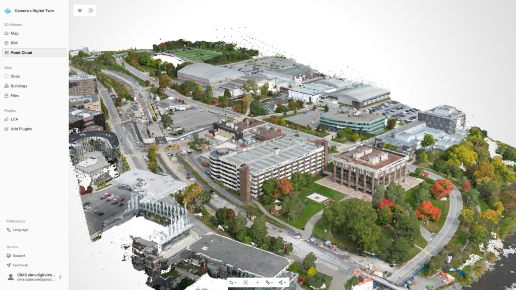 A 3D point cloud rendering of a university campus, showing buildings, trees, and roads with a side menu