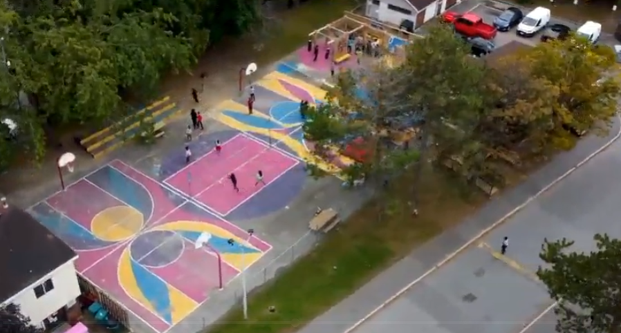Russel Heights Action Lab project: residents playing basketball